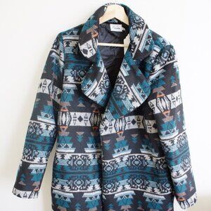Blue Aztec Pattern Peacoat | Cozy Blue Aztec Pattern Lined Jacket